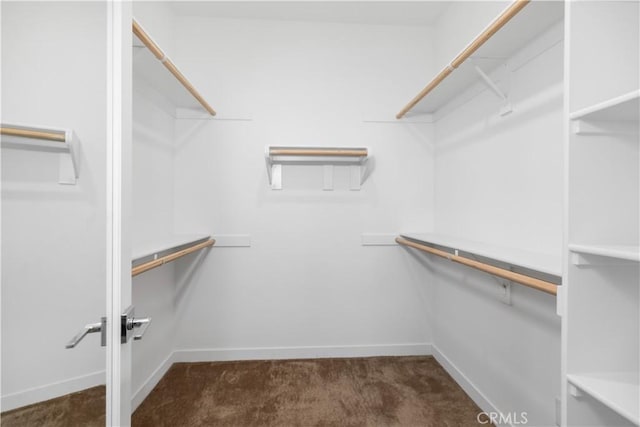 walk in closet featuring dark carpet