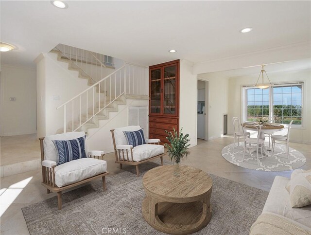 28708 Mount Sawtooth Dr, Rancho Palos Verdes, CA 90275 - living area with stairway, recessed lighting, tile patterned floors, baseboards, and ornamental molding