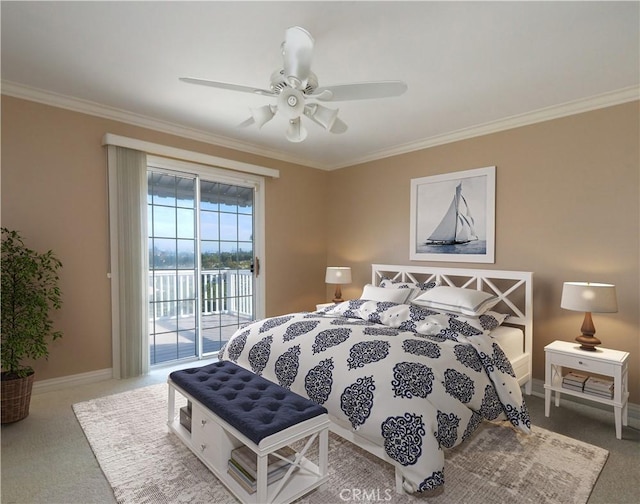 bedroom featuring ceiling fan, access to outside, carpet, and ornamental molding