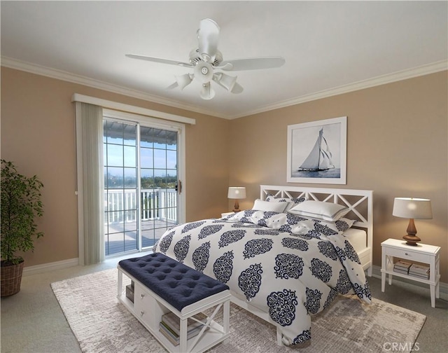 carpeted bedroom with ceiling fan, access to exterior, baseboards, and ornamental molding