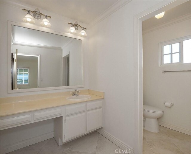 28708 Mount Sawtooth Dr, Rancho Palos Verdes, CA 90275 - bathroom featuring ornamental molding, toilet, vanity, baseboards, and tile patterned floors