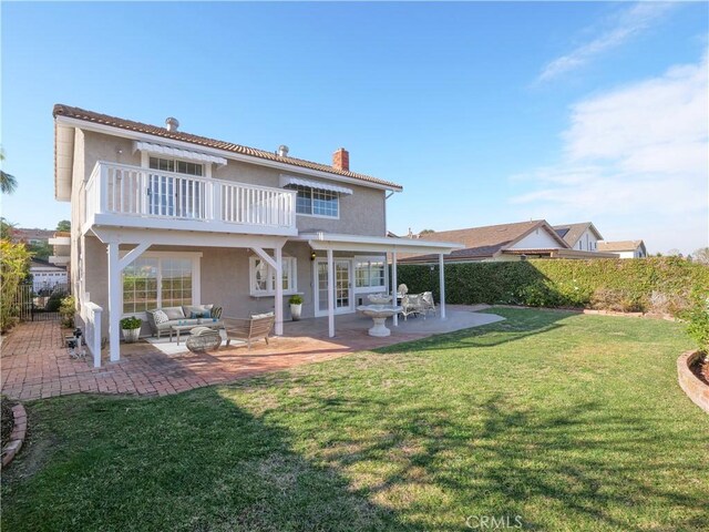 28708 Mount Sawtooth Dr, Rancho Palos Verdes, CA 90275 - rear view of property with a chimney, stucco siding, an outdoor hangout area, a patio area, and a balcony