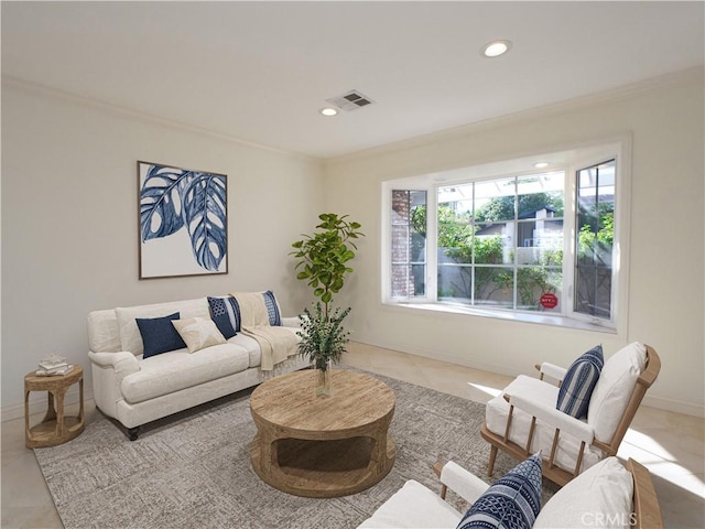 living area featuring visible vents, recessed lighting, crown molding, and baseboards