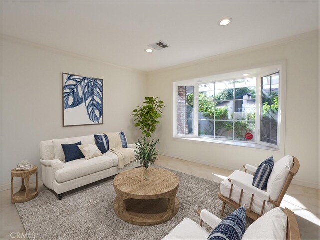 28708 Mount Sawtooth Dr, Rancho Palos Verdes, CA 90275 - living room with crown molding, recessed lighting, baseboards, and tile patterned floors