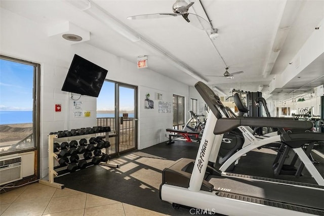 workout area with ceiling fan