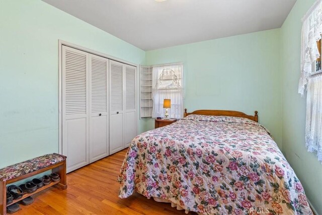 bedroom with multiple windows, light hardwood / wood-style flooring, and a closet