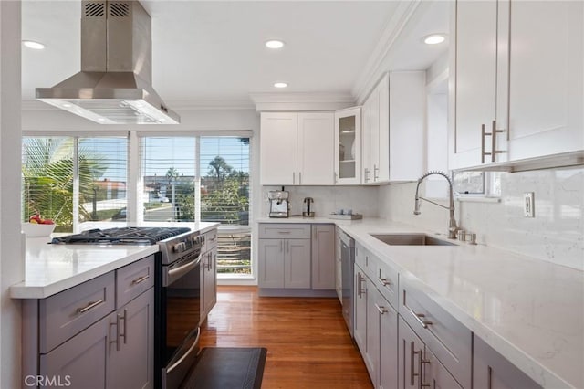 kitchen featuring sink, wall chimney exhaust hood, stainless steel appliances, tasteful backsplash, and wood-type flooring