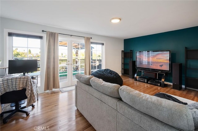 living room featuring french doors, light hardwood / wood-style floors, and a healthy amount of sunlight