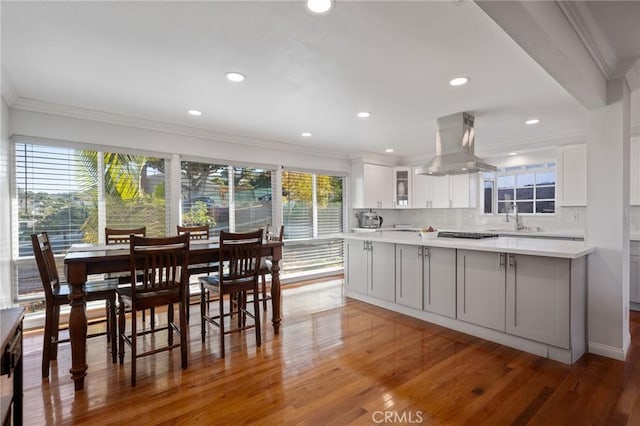 kitchen featuring island range hood, white cabinets, a healthy amount of sunlight, and hardwood / wood-style flooring