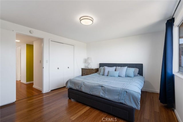 bedroom featuring dark wood-type flooring and a closet