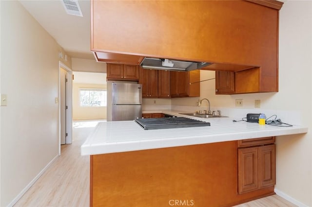 kitchen featuring kitchen peninsula, sink, light wood-type flooring, and appliances with stainless steel finishes