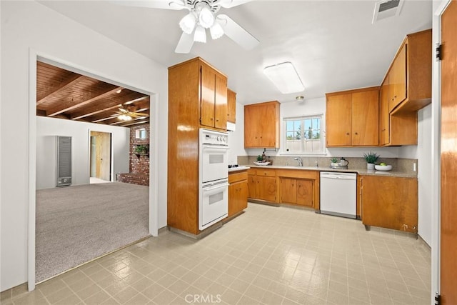 kitchen with wood ceiling, white appliances, light colored carpet, ceiling fan, and beam ceiling