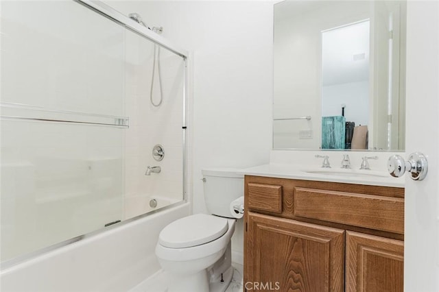 full bathroom with vanity, toilet, and enclosed tub / shower combo