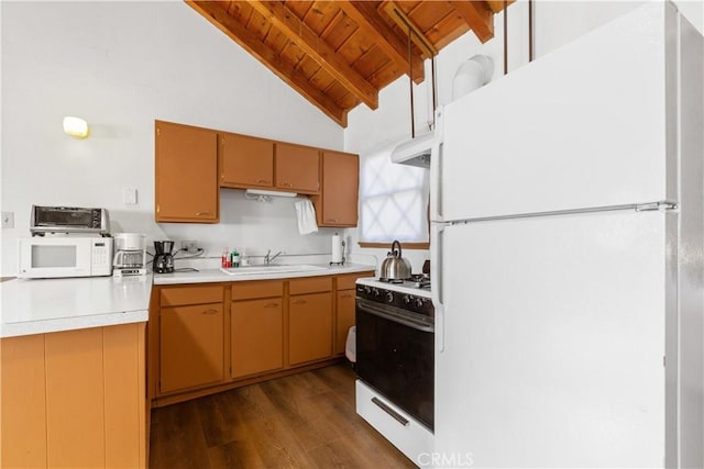 592 Mountain View Ave, Wrightwood, CA 92397 - kitchen featuring white appliances, wooden ceiling, a sink, beamed ceiling, and dark wood finished floors