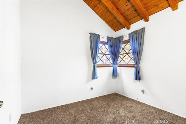 empty room with lofted ceiling with beams, carpet floors, and wood ceiling