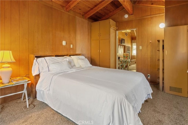 592 Mountain View Ave, Wrightwood, CA 92397 - bedroom featuring carpet, wooden walls, wood ceiling, and a chandelier