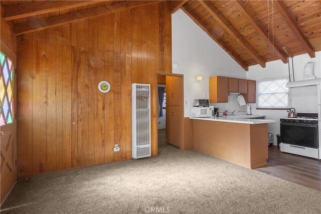 kitchen with dark colored carpet, beam ceiling, white appliances, and kitchen peninsula