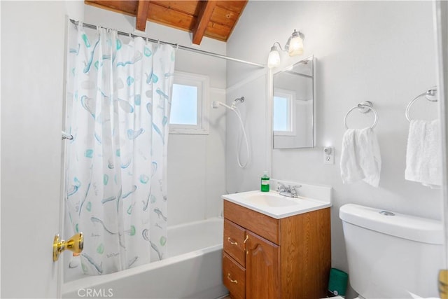 full bathroom featuring wooden ceiling, vaulted ceiling with beams, toilet, vanity, and shower / tub combo