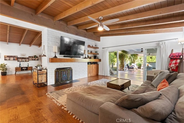 living room featuring a fireplace, hardwood / wood-style floors, wooden ceiling, and vaulted ceiling with beams