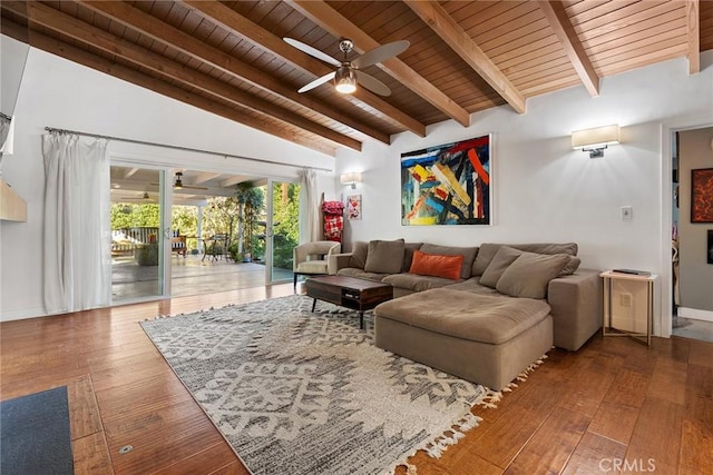 living room featuring wood-type flooring, vaulted ceiling with beams, ceiling fan, and wooden ceiling