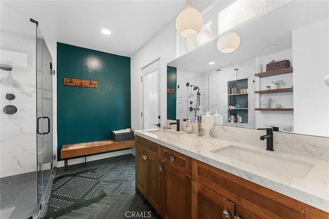 bathroom featuring vanity and walk in shower