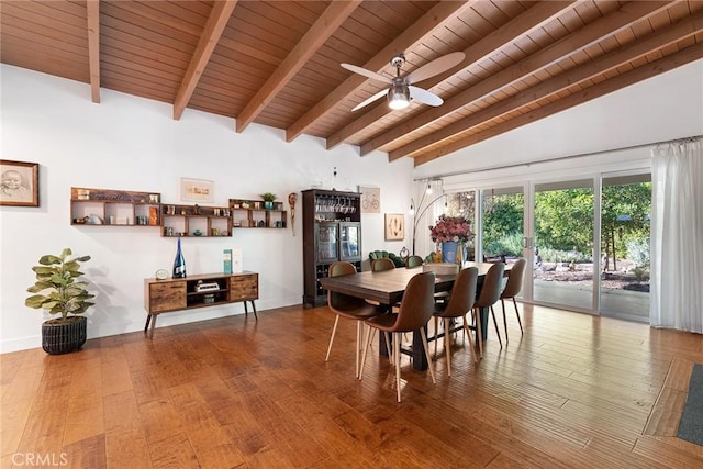 dining space with wood ceiling, ceiling fan, hardwood / wood-style flooring, high vaulted ceiling, and beamed ceiling