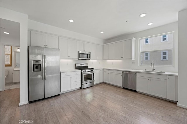 kitchen featuring sink, white cabinets, light hardwood / wood-style floors, and appliances with stainless steel finishes