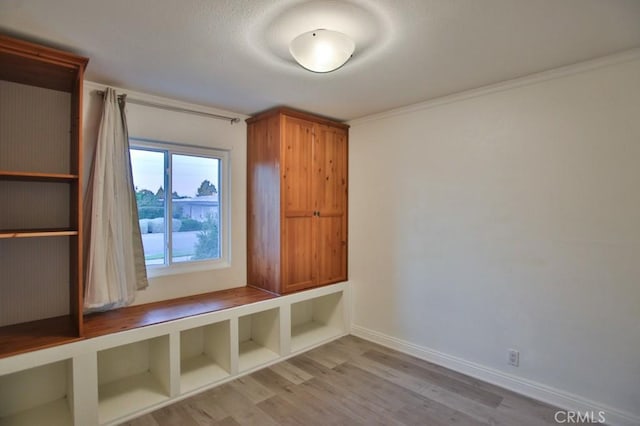 mudroom featuring light wood-type flooring and ornamental molding