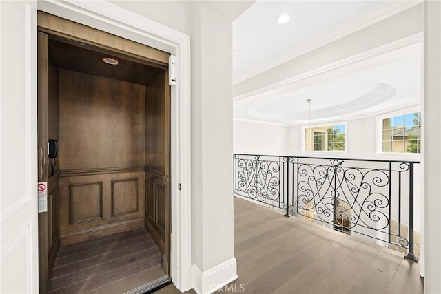 hallway with wood-type flooring, a raised ceiling, and crown molding