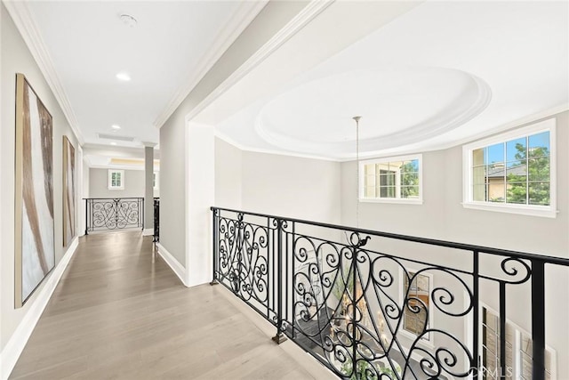 hallway featuring light hardwood / wood-style floors, a raised ceiling, ornate columns, and crown molding