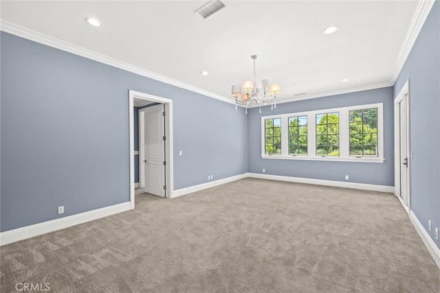 carpeted empty room featuring crown molding and an inviting chandelier