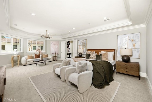 carpeted bedroom with crown molding, a tray ceiling, and a chandelier