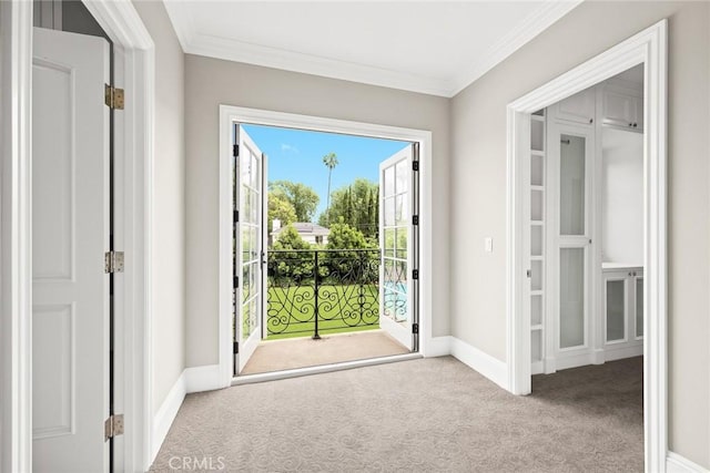 doorway to outside with crown molding and light colored carpet