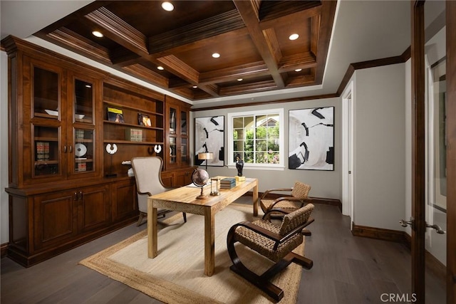 office area with beam ceiling, crown molding, coffered ceiling, and dark hardwood / wood-style floors