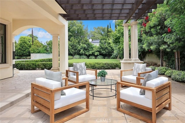 view of patio with a pergola and an outdoor hangout area