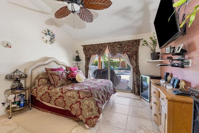 tiled bedroom featuring access to outside, vaulted ceiling, and ceiling fan