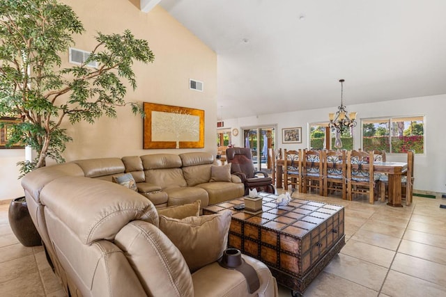 tiled living room with a notable chandelier, beam ceiling, and high vaulted ceiling