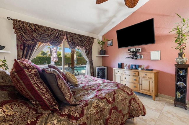 bedroom featuring light tile patterned floors, access to outside, ceiling fan, and lofted ceiling