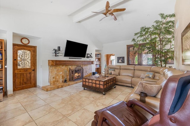 tiled living room with ceiling fan, beam ceiling, and high vaulted ceiling