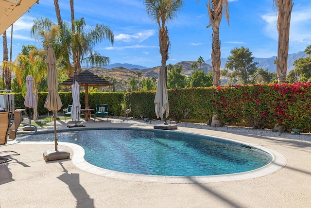 view of pool with a mountain view and a patio