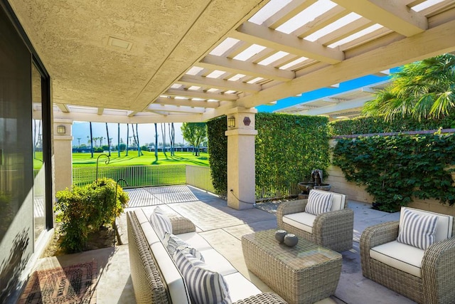 view of patio with an outdoor hangout area and a pergola