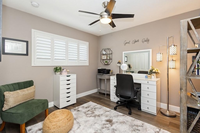 home office featuring ceiling fan and dark wood-type flooring