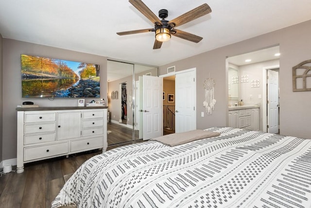 bedroom with ceiling fan, ensuite bathroom, dark wood-type flooring, and a closet