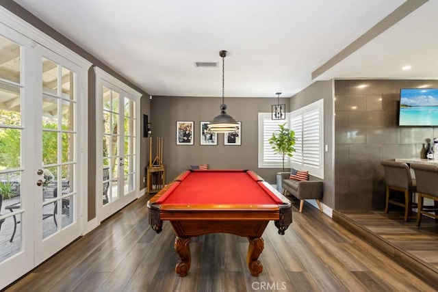 game room featuring french doors, hardwood / wood-style floors, tile walls, and billiards