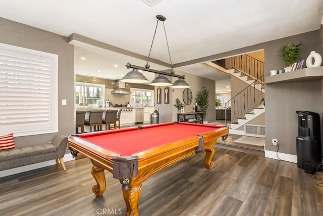 playroom with dark wood-type flooring and pool table