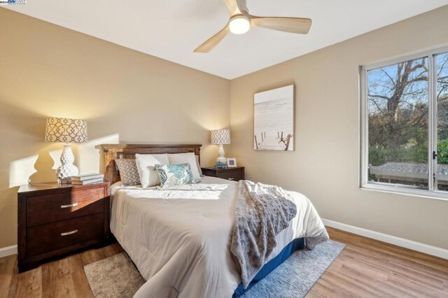 bedroom featuring light wood-type flooring and ceiling fan