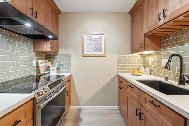 kitchen with stainless steel electric stove, backsplash, sink, and light hardwood / wood-style flooring