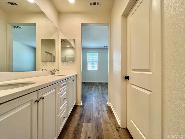 bathroom with hardwood / wood-style flooring and vanity