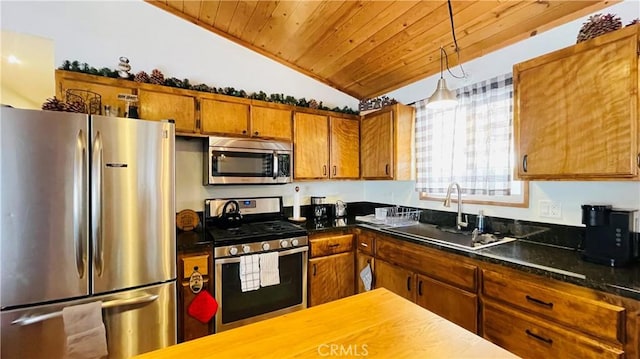 kitchen with sink, hanging light fixtures, wooden ceiling, lofted ceiling, and appliances with stainless steel finishes