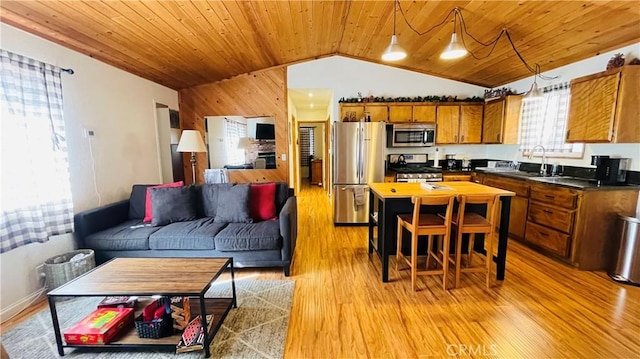 kitchen featuring appliances with stainless steel finishes, decorative light fixtures, wooden ceiling, light hardwood / wood-style floors, and lofted ceiling